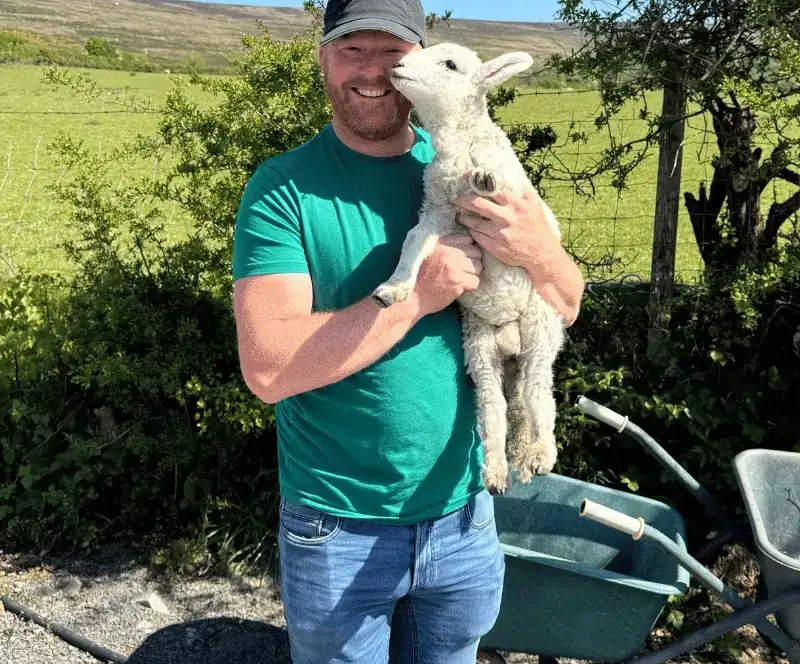 A smiling man in a green shirt and cap holds a fluffy white lamb outdoors, with greenery and a fence in the background on a sunny day.