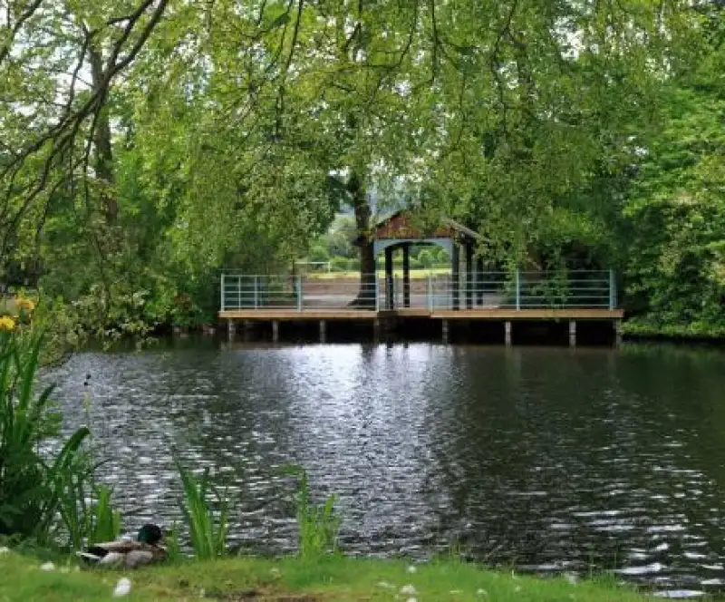 A wooden pier with railings extends over a calm pond surrounded by lush green trees and plants, with a pair of ducks resting on the grassy bank in the foreground.