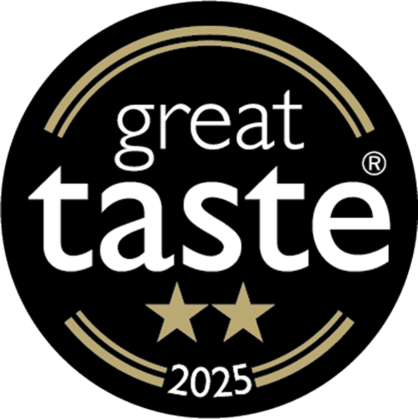A black circular badge with gold accents. The words "great taste" are centered, with two gold stars below and "2025" at the bottom. The badge signifies a two-star Great Taste award for 2025.