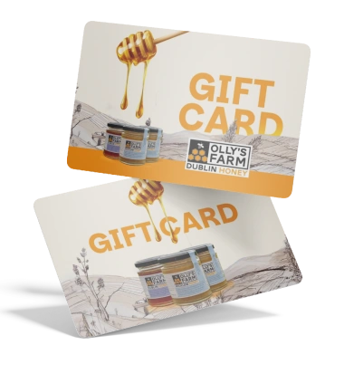 Two Olly’s Farm Dublin Honey gift cards featuring honey dripping from a dipper, jars of honey, and landscape illustrations, with "GIFT CARD" text prominently displayed.