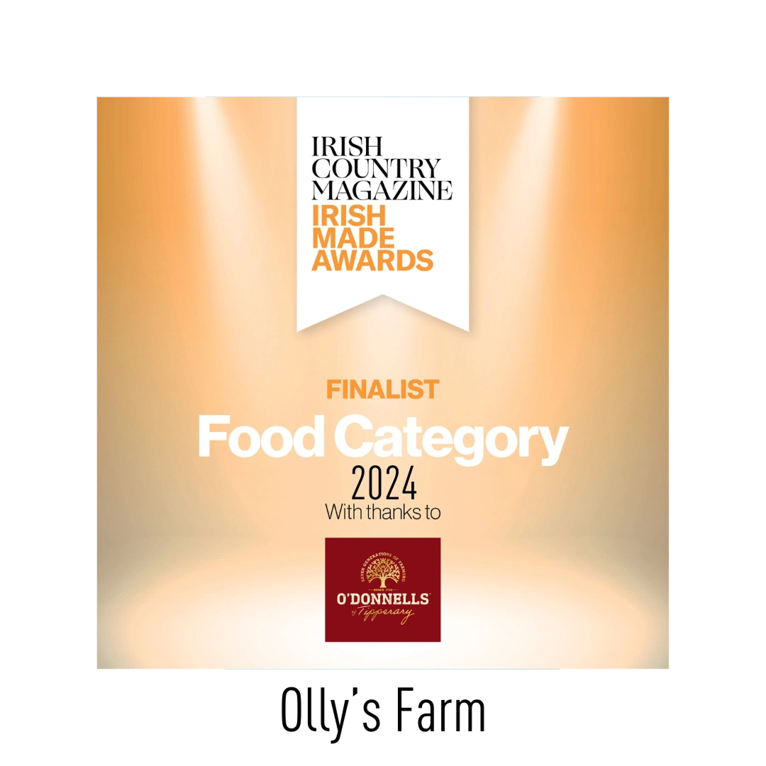 A graphic announcing a finalist in the Irish Country Magazine Irish Made Awards 2024, Food Category, with thanks to O'Donnells, whose logo appears at the bottom. The background is orange with spotlights at the top.