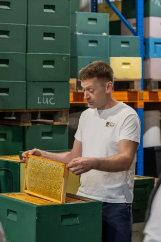A man in a white T-shirt examines a honeycomb frame in a room filled with stacked green beekeeping boxes.
