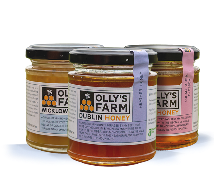 Three jars of Olly’s Farm honey are displayed. Each jar has a different colored label—yellow, purple, and pink—indicating different honey varieties: Wicklow, Dublin, and Lucan Spring.