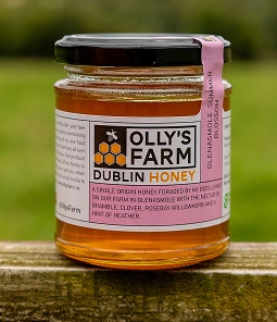 A glass jar of Olly’s Farm Dublin Honey with a white label and a pink ribbon, sitting on a wooden surface outdoors, with greenery blurred in the background.