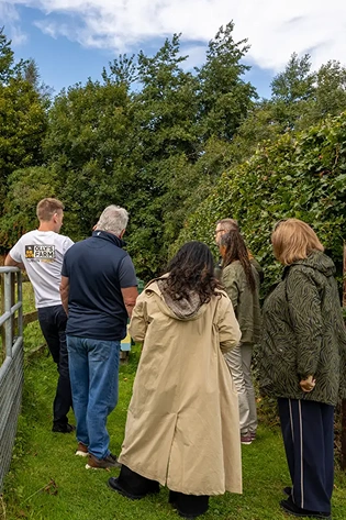Five people stand outdoors on a grassy path near tall, green bushes. They are facing away from the camera, engaged in conversation under a partly cloudy sky.