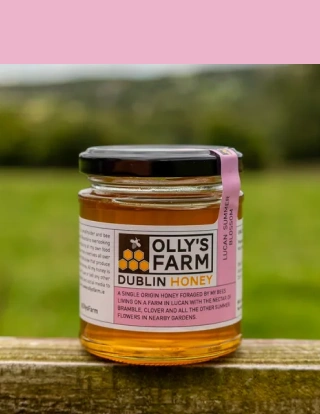A jar of Olly’s Farm Dublin Honey sits on a wooden surface outdoors with green grass and trees blurred in the background. The label describes it as single origin honey from Lucan, Dublin.