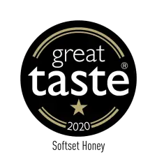 A circular black badge with gold accents featuring the text "great taste 2020" and a gold star below the word "taste.