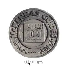 A circular silver medal with "McKennas Guides" around the edge and a square center reading "Best in Ireland 2021, recommended by John & Sally McKenna’s Guide.